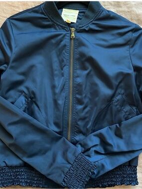 Silence + Noise Navy Blue Satin Bomber Jacket